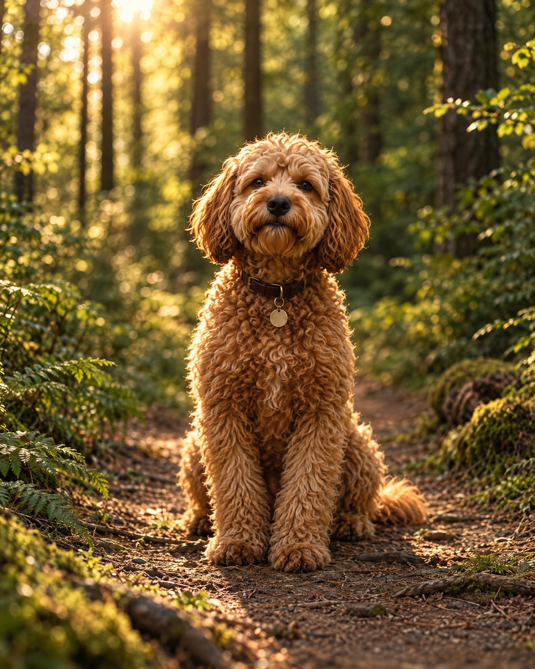 A calm curly-coated dog sitting on a quiet woodland path