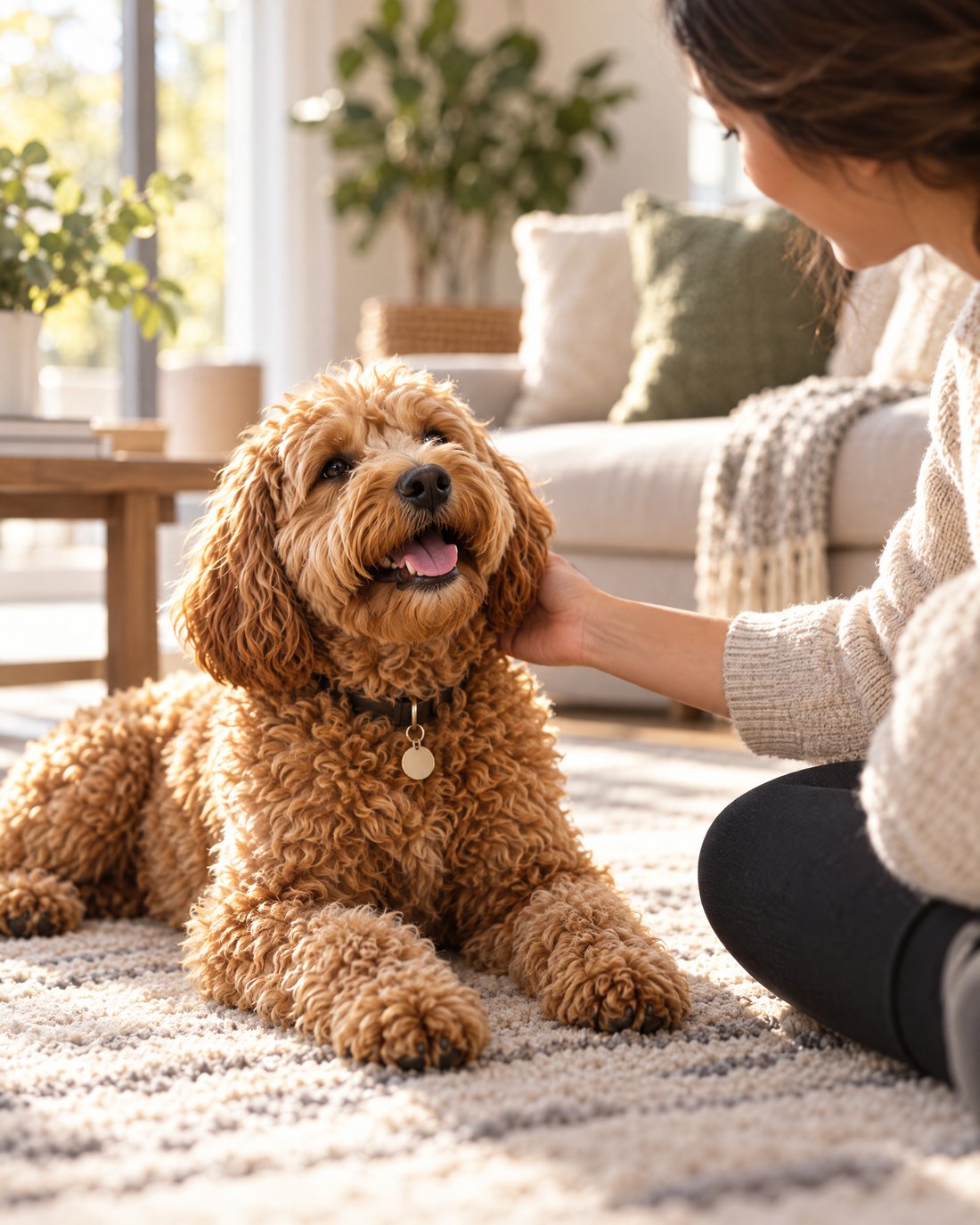 A relaxed dog being greeted at home during a drop-in visit